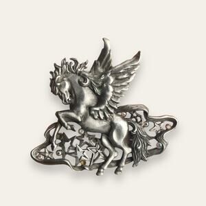 Vintage Silver Tone Pegasus Flying Horse Mythical JJ Jonette Large Brooch Pin